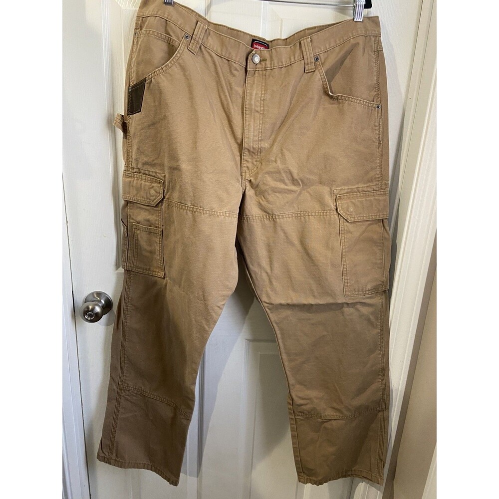 Wrangler Workwear Mens 42X32 Khaki Tan Carpenter Cargo Pants Ripstop Double Knee